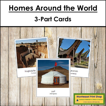 Preview of Homes Around the World 3-Part Cards - Montessori Social Studies