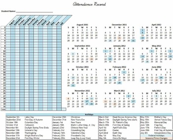 Preview of Homeschool Attendance Record (2011-2012) XLS