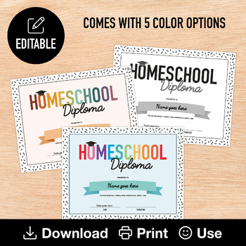 Homeschool Diploma, Editable & Printable Graduation Certificates, 5 ...