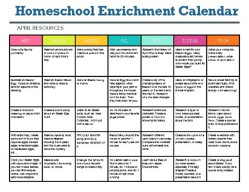 Preview of Homeschool Enrichment Calendar for April - Art STEM Technology PE Music Ideas