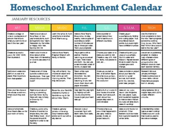 Preview of Homeschool Enrichment Calendar for January - Art STEM Technology PE Music More