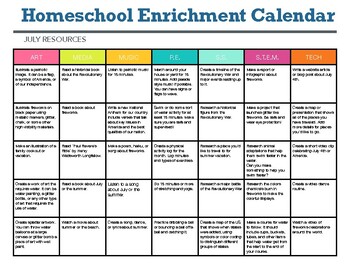 Preview of Homeschool Enrichment Calendar for July - Art STEM Technology PE Music Ideas