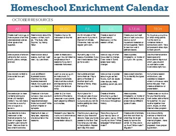 Preview of Homeschool Enrichment Calendar for October - Art STEM Technology PE Music More