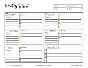 Homeschool Weekly Student Lesson Plan Checklist Template by The ...