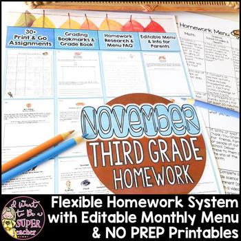 Preview of Homework 3rd Grade November | Editable Monthly Homework Menu & 35+ Printables