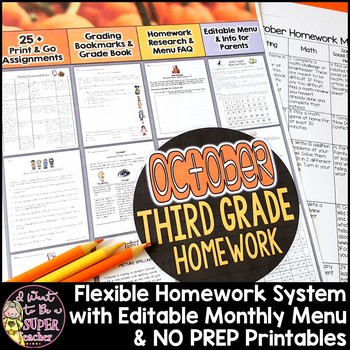 Preview of Homework 3rd Grade October | Monthly Homework Menu (Editable) & 35+ Printables