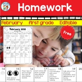Homework Calendar  First Grade Editable February 2024 Free
