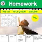 Homework Calendar | First Grade | Free | EDITABLE | March 2024