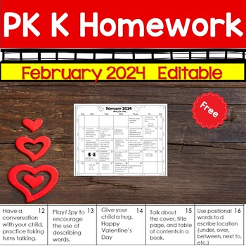 Preview of Homework Calendar PK/K  EDITABLE February 2024 Free