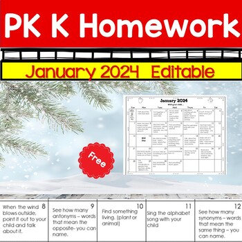 Preview of Homework Calendar PK/K | EDITABLE | January 2024 | Free