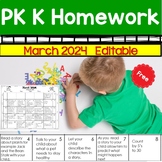 Homework Calendar PK K | March 2024 | FREE | Editable