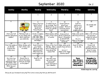 Homework Calendars - 2020-2021 - Grade 2 by Bergie Bee Learning | TpT
