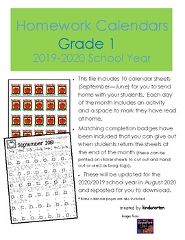 Preview of Homework Calendars - Grade 1