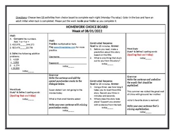 Preview of Homework Choice Board Editable Template