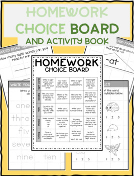 kindergarten homework choice board