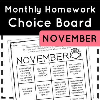 Preview of Homework Choice Board | November | NO PREP