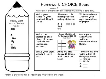 homework choice board first grade