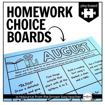 Preview of Homework Choice Boards (EDITABLE): Play/Experience HW for Kinder & 1st Grade