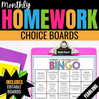 Preview of Homework Choice Boards (Editable) | Differentiated Homework with Monthly Themes