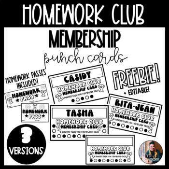 Preview of Homework Club Membership Punch Cards + Homework Passes - FREEBIE! (Editable)