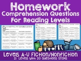 Homework Comprehension Questions for Reading Levels (ficti
