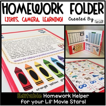 Preview of Homework Folder Editable - Movie Theme {Lights, Camera, Learning}