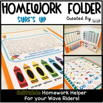 Preview of Homework Folder Editable - Surf Theme {Surf's Up}