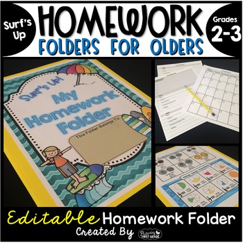 Preview of Homework Folder for Olders Editable - Surf Theme {Surf's Up}