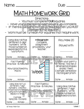 maths week homework grid