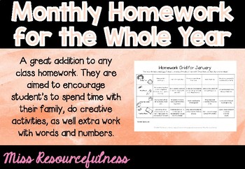 Preview of Monthly Homework Grids for the Whole Year for Middle Years