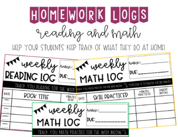 Preview of Homework Log for Reading and Math - Two Versions - Black and White