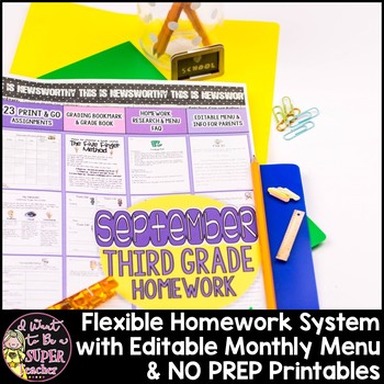 Preview of Homework Menu 3rd Grade | Back to School | Editable Monthly Menu + Printables