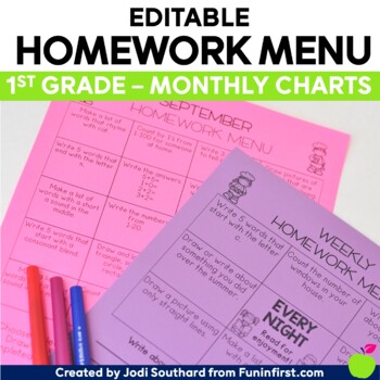 Preview of Homework Menus - Monthly Charts {EDITABLE} 1st Grade