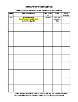 homework monitoring sheet