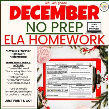Preview of NO PREP Homework {December}: Idioms, Quotations, Words in Context, Editing
