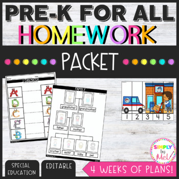 Preview of Homework Packet l PreK for All l Distance Learning l Editable