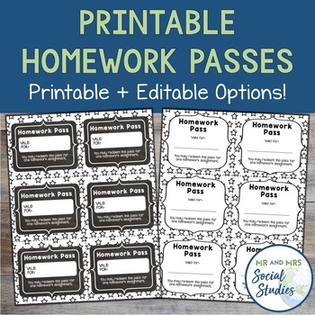 Preview of Homework Passes for Middle School Students | No Homework Pass Editable