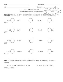 Preview of Homework/Practice - Comparing and Ordering Decimals