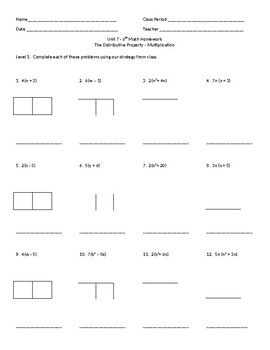 Preview of Homework/Practice - Distributive Property - Multiplication - Two Levels