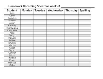 homework record sheet template