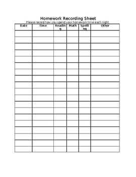 homework recording sheet for students