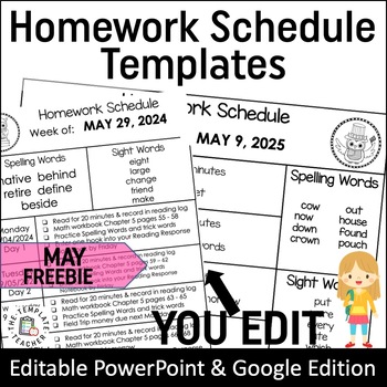 Preview of Homework Schedule Editable - with Spelling and Sight Words for MAY Freebie