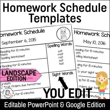 Preview of Homework Schedule Templates-Editable for every Month LANDSCAPE