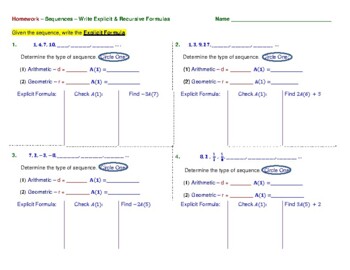 Preview of Sequences: Write Explicit & Recursive Formulas Arithmetic & Geometric - Homework