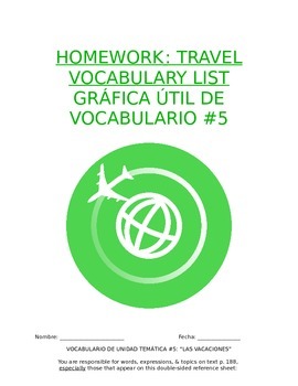 Preview of Homework Sp1 - Unit 5 Vocabulary: Three Column List for Travel Words
