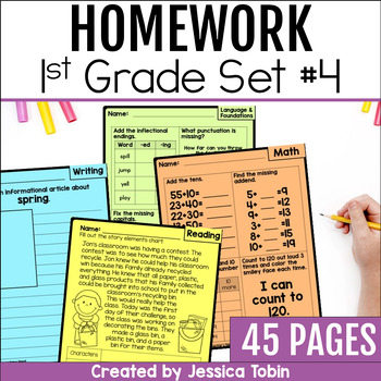 Preview of Homework Packet, 1st Grade Homework with Folder Cover, ELA and Math Review Set 4