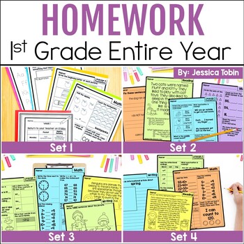 Preview of Homework, 1st Grade Homework, Weekly Homework w/ Homework Folder Cover - First