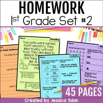 Preview of Homework Packet, 1st Grade Homework with Folder Cover, ELA and Math Review Set 2