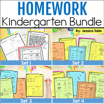 Preview of Kindergarten Weekly Homework Bundle, Math, Reading, Writing, Grammar Bundle