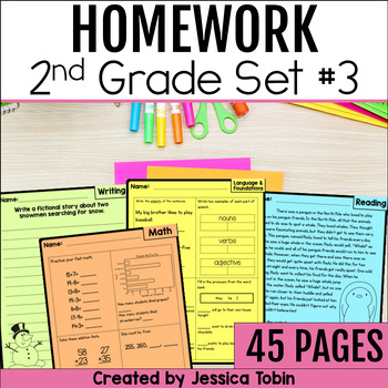 Preview of Homework Packet, 2nd Grade Homework with Folder Cover, ELA and Math Review Set 3